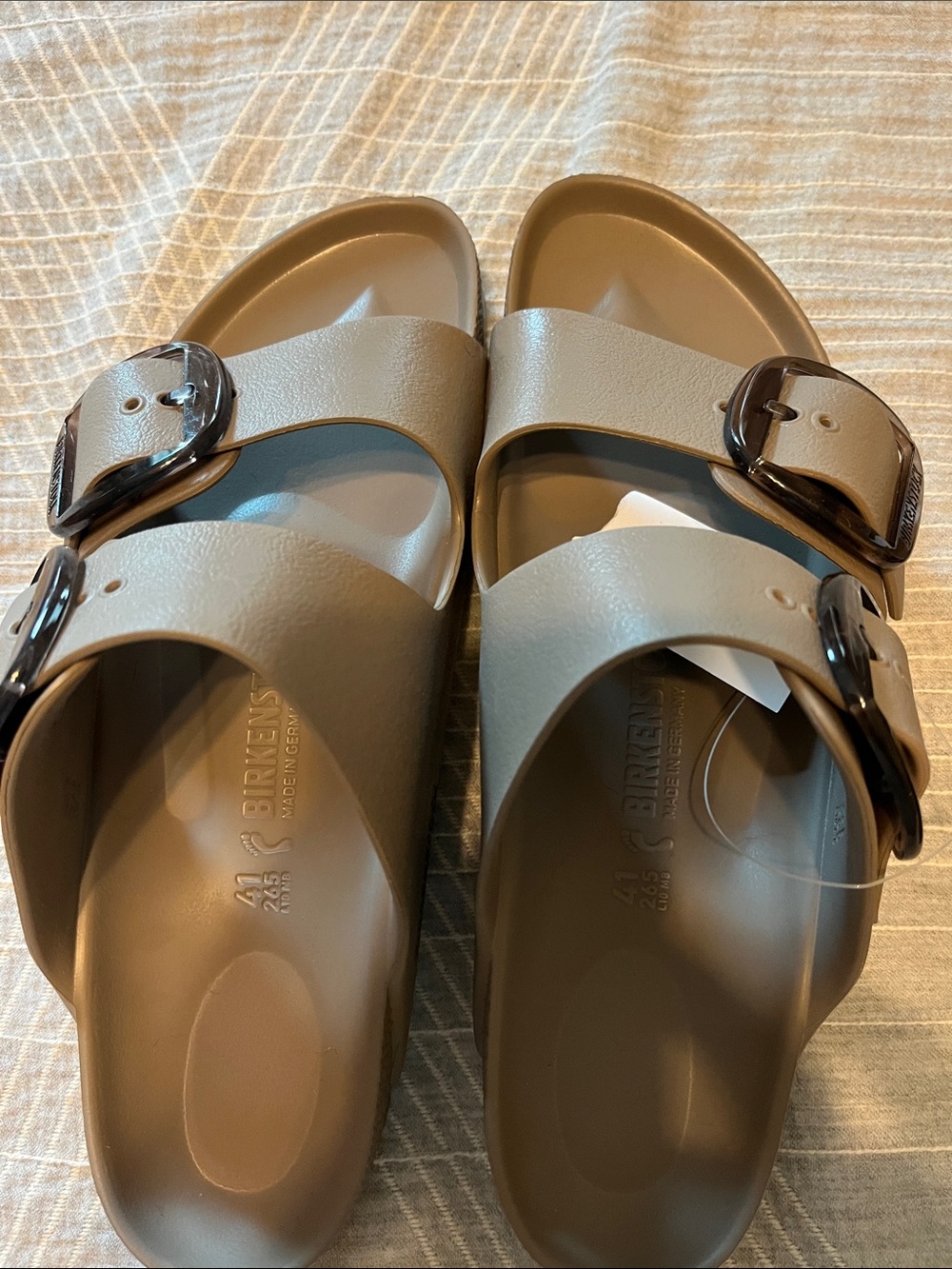 Birkenstock Arizona EVA Sandals in Taupe with Dark Tortoise Buckles